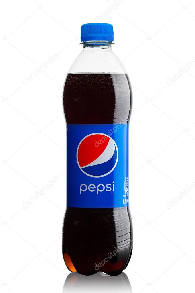 LONDON, UK - JUNE 9, 2017: Bottle of Pepsi Cola soft drink on white background.American multinational food and beverage company
