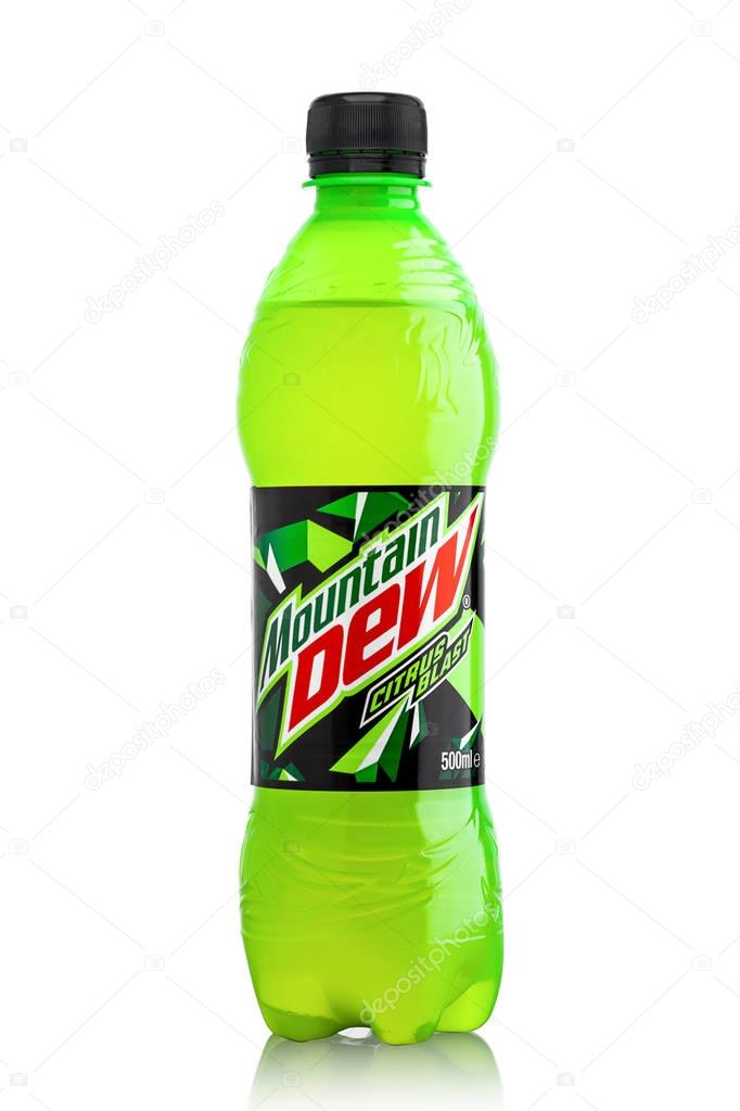 LONDON, UK - JUNE 9, 2017: Bottle of Mountain Dew drink on ice isolated on white background. Mountain Dew citrus-flavored soft drink produced by PepsiCo.