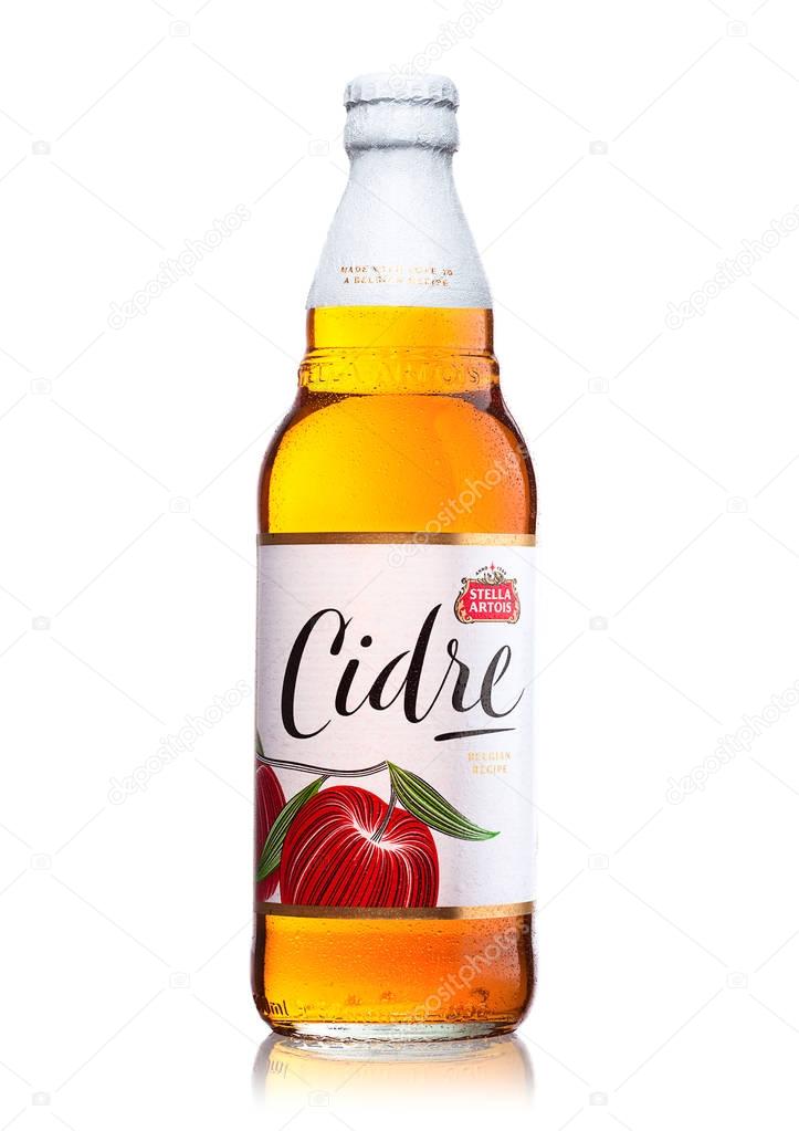 LONDON, UNITED KINGDOM - JUNE 22, 2017: Bottle of Stella Artois Cidre Apple Cider on white background with dew drops.