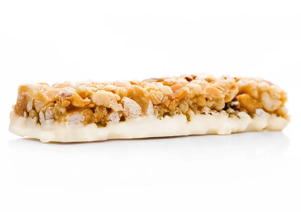 Caramel protein cereal energy bar with nuts — Stock Photo, Image