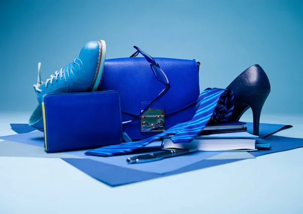 Blue color fashion style still life setup on blue — Stock Photo, Image