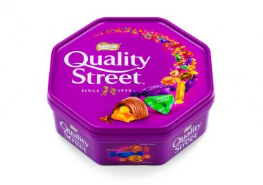 Quality Street Chocolate On White Background. A popular selection of individual sweets, usually contained in tins or boxes, made by Nestle in England. clipart
