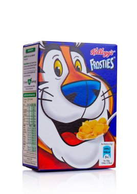 Londra, İngiltere - 03 Kasım 2017: Kutu Kellogg's Frosties gevreği beyaz Frosties şeker kaplı Mısır gevreği yapılan bir popüler Kahvaltı gevreği vardır.