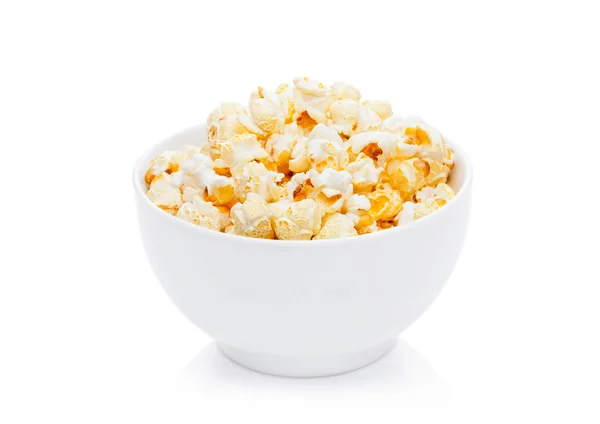Popcorn salty sweet snack in white bowl — Stock Photo, Image