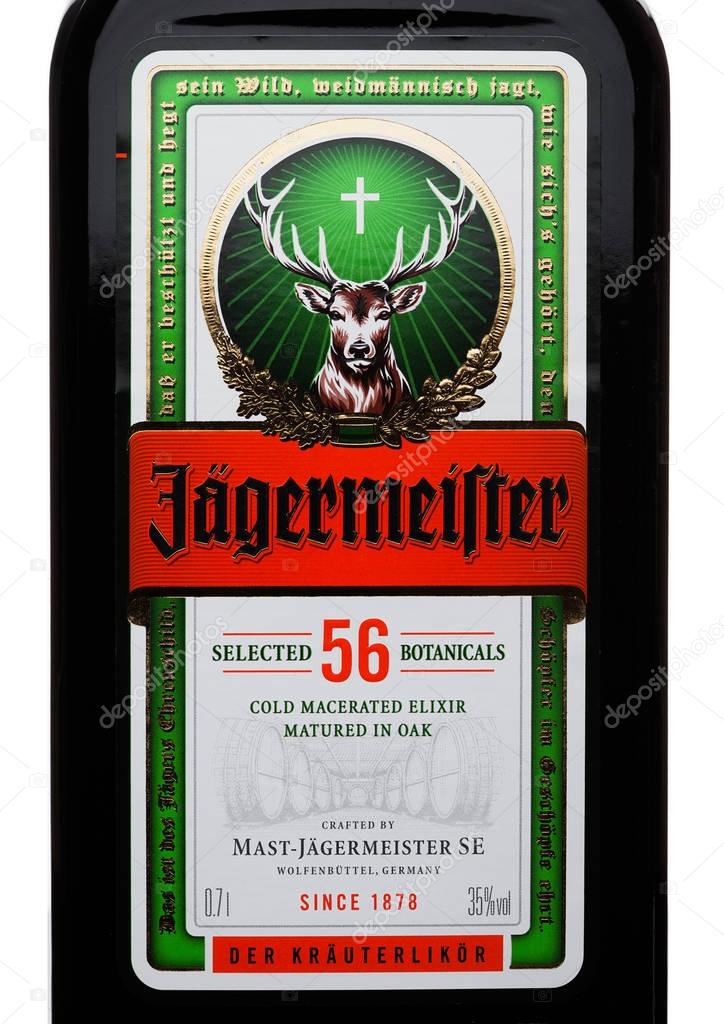 LONDON, UK - NOVEMBER 03, 2017: Label of Jagermeister on white background. German digestif made with 56 herbs and spices.