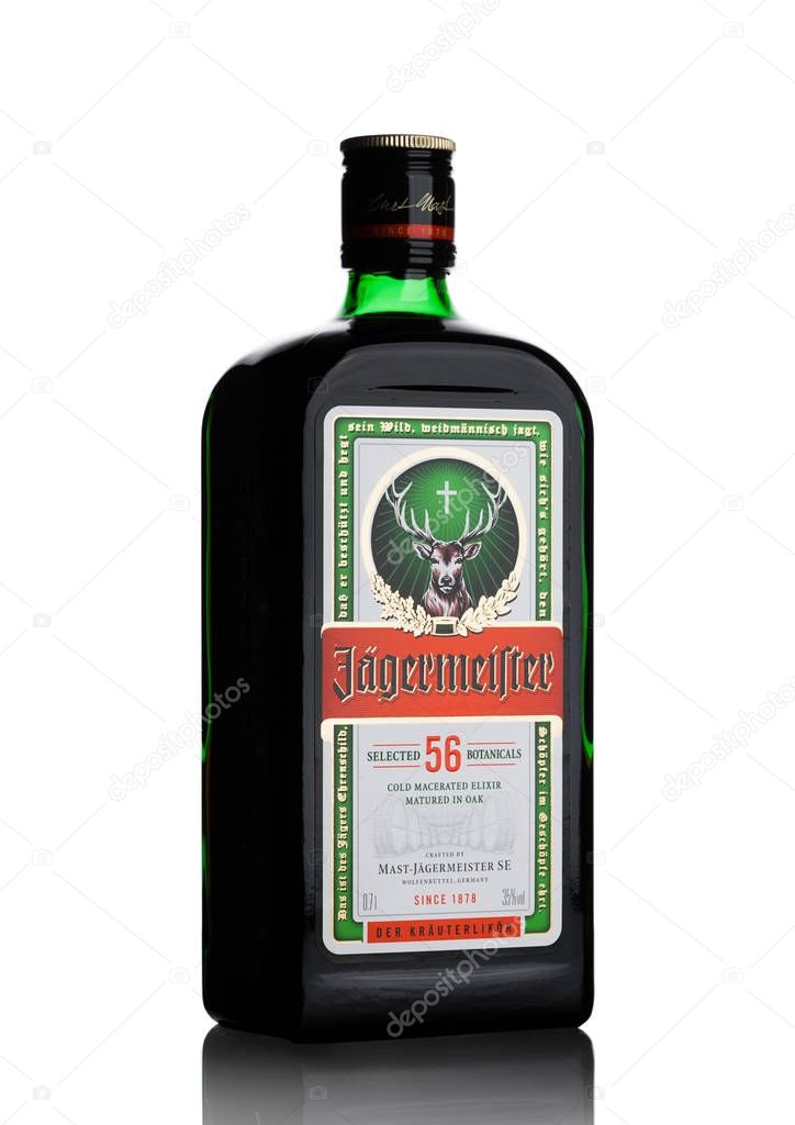 LONDON, UK - NOVEMBER 03, 2017: Bottle of Jagermeister on white background. German digestif made with 56 herbs and spices.