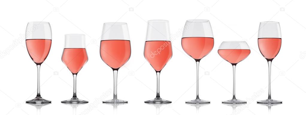 Glasses of rose pink wine on white with reflection