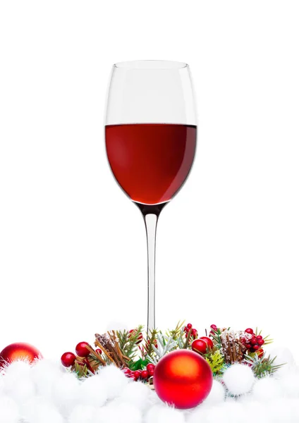 Red wine glasses with christmas decoration — Stock Photo, Image