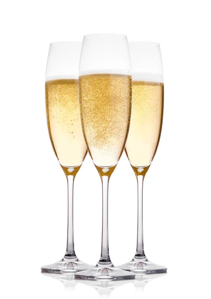 Yellow champagne glasses with bubbles isolated — Stock Photo, Image