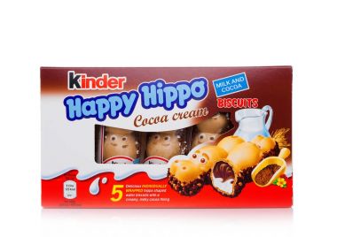 LONDON, UK - November 17, 2017: Kinder chocolate happy hippo box on white.Kinder bars are produced by Ferrero founded in 1946. clipart