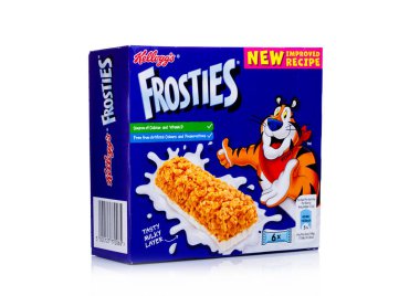 Londra, İngiltere - 17 Kasım 2017: Kutu Kellogg's Frosties Kahvaltı gevreği çubuğunda beyaz Frosties şeker kaplı Mısır gevreği yapılan bir popüler Kahvaltı gevreği vardır.