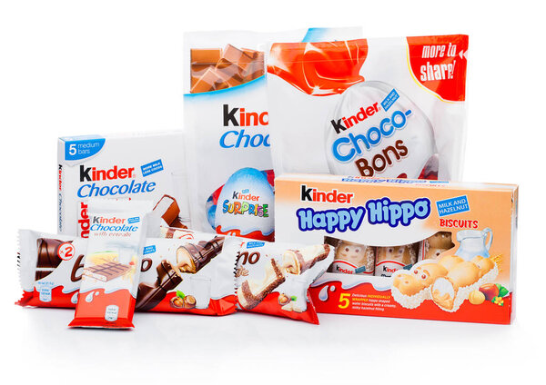 LONDON, UK - November 17, 2017: Kinder chocolate different mix on white.Kinder bars are produced by Ferrero founded in 1946.