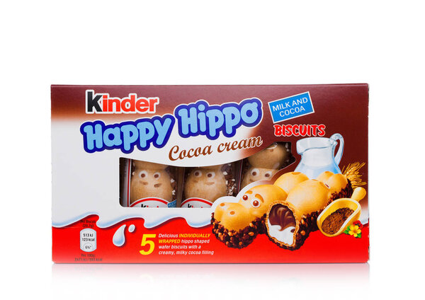 LONDON, UK - November 17, 2017: Kinder chocolate happy hippo box on white.Kinder bars are produced by Ferrero founded in 1946.