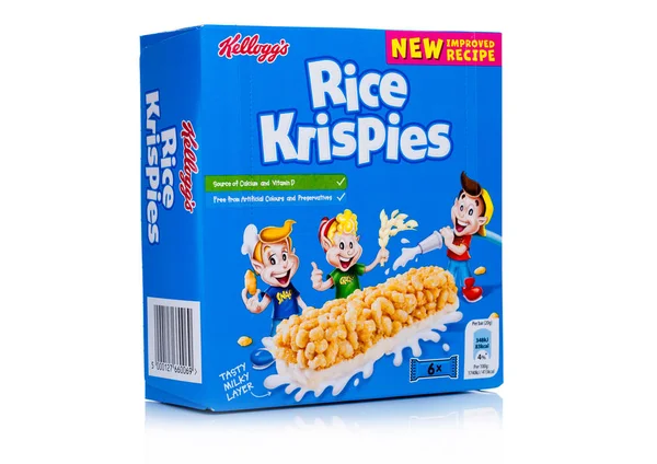 LONDON, Reino Unido - 17 de novembro de 2017: Box of Kellogg 's Rice Crispies Breakfast Cereal Bar on white, Rice Crispies é um popular cereal de café da manhã feito de flocos de milho revestidos com açúcar. . — Fotografia de Stock