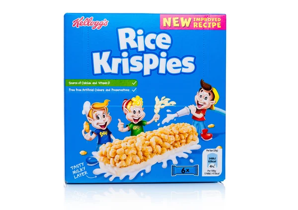 LONDON, Reino Unido - 17 de novembro de 2017: Box of Kellogg 's Rice Crispies Breakfast Cereal Bar on white, Rice Crispies é um popular cereal de café da manhã feito de flocos de milho revestidos com açúcar. . — Fotografia de Stock