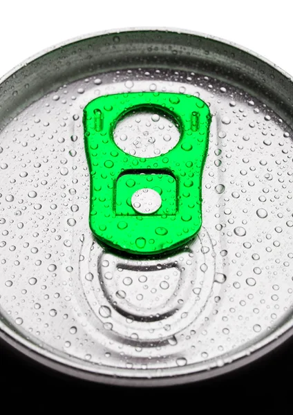 Aluminium soda drink tin top view with dew drops — Stock Photo, Image