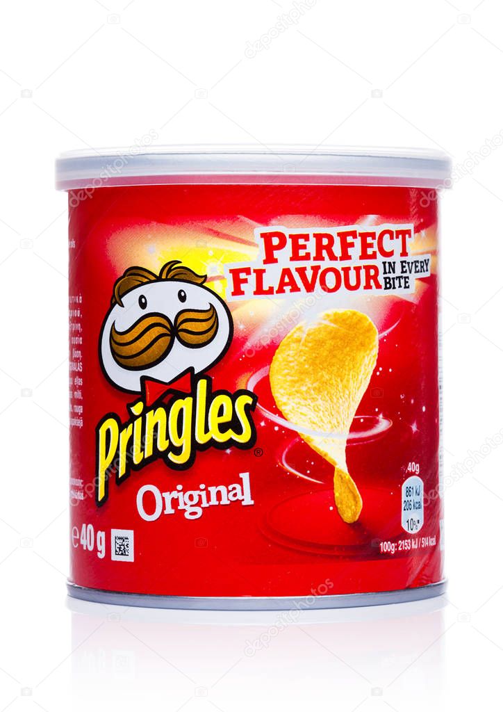 LONDON, UK - November 17, 2017: Pringles potato chips original in mini tube on white background. Potato and wheat-based stackable snack chips owned by the Kellogg Company.