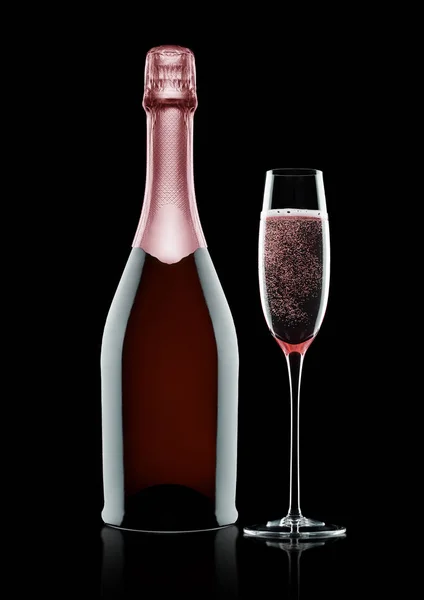 Şişe ve bardak siyah pembe Gül şampanya — Stok fotoğraf