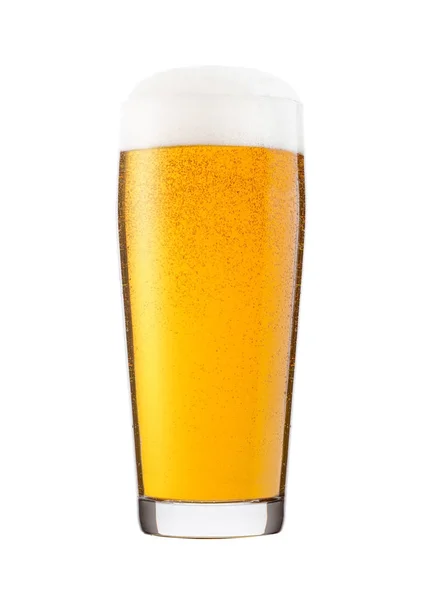 Bicchiere freddo di birra lager con schiuma e rugiada — Foto Stock