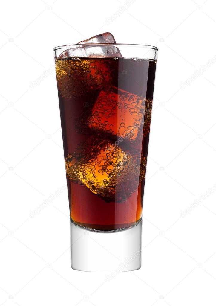 Glass of cold cola soda drink with ice cubes