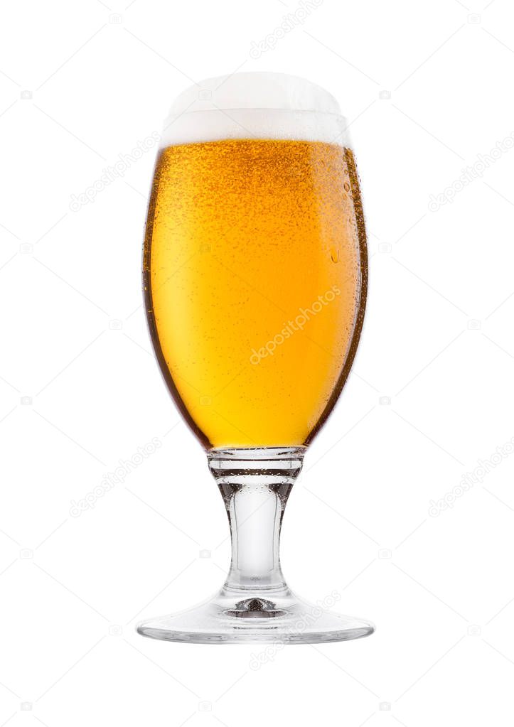 Cold glass of lager beer with foam and dew