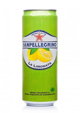 LONDON, UK - DECEMBER 01, 2017: Aluminium can of San Pellegrino sparkling lemon soda drink on white. Imported from Italy and distributed by Nestle. clipart