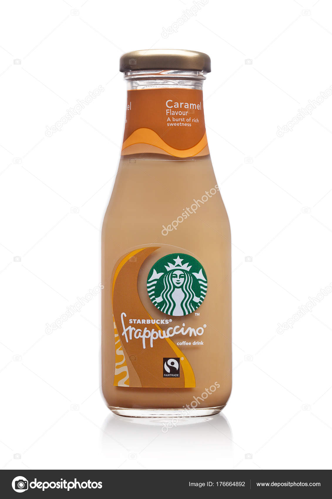 LONDON, UK -DECEMBER 07, 2017: Glass bottle of Starbucks frappuccino coffee  drink with caramel on white. Seattle based Starbucks is the largest  coffeehouse company in the world. – Stock Editorial Photo © DenisMArt  #176664892