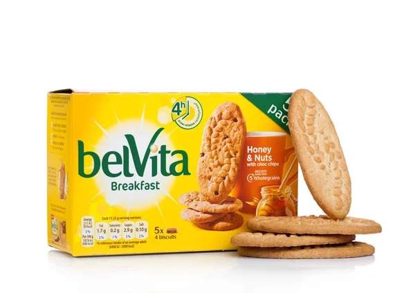 LONDON, UK -DECEMBER 07, 2017: belVita Breakfast Honey & Oats on white. belVita biscuits are made with wholegrain that provide four hours of sustained energy release. — Stock Photo, Image