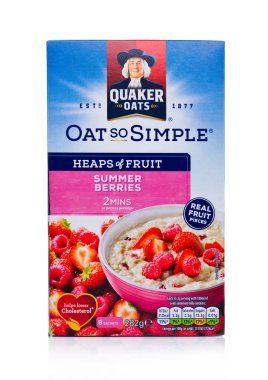 Londra, İngiltere - 15 Aralık 2017: Kutusunu Quaker yulaf lapası meyve beyaz ile. Bu Pepsico tarafından 2001 yılından bu yana sahip olduğu.