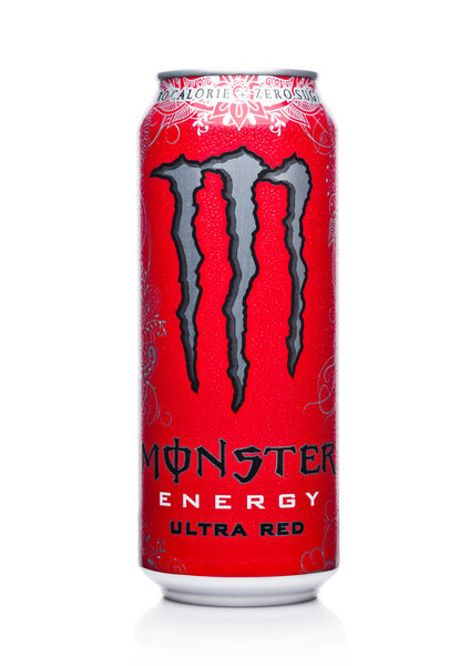 LONDON, UK - DECEMBER 15, 2017:  A can of Monster Energy Drink ultra red on white. Introduced in 2002 Monster now has over 30 different drinks with high a caffeine content.