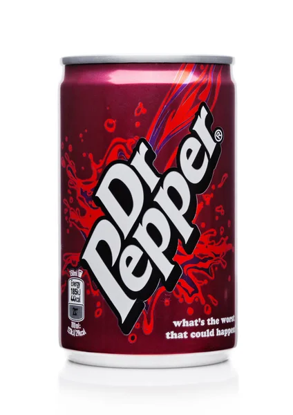 LONDON, UK - DECEMBER 15, 2017: Aluminium can of Dr.Pepper  on white.Created in the 1880s by Charles Alderton in Waco, Texas, USA — Stock Photo, Image