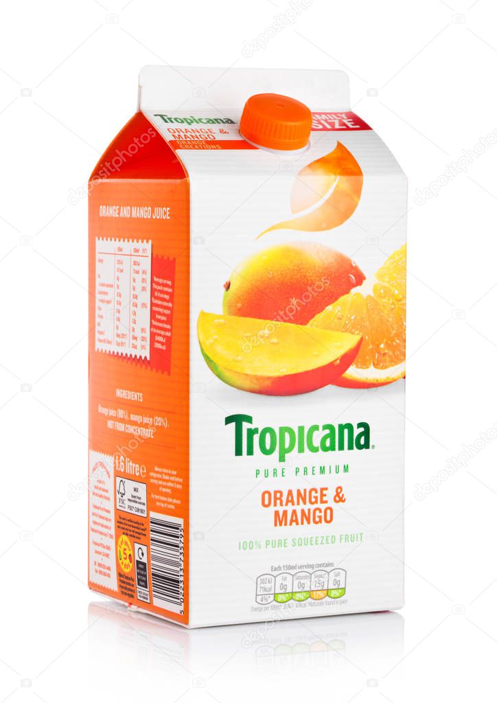 LONDON, UK -DECEMBER 15, 2017: Family pack of Fresh  Tropicana Orange & Mango Juice on white background.