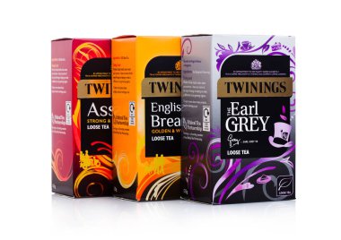Londra, İngiltere - 02 Ocak 2018: Twinings çay kutuları üzerinde beyaz. Twinings 1706 yılında Londra'da kurulmuştur.