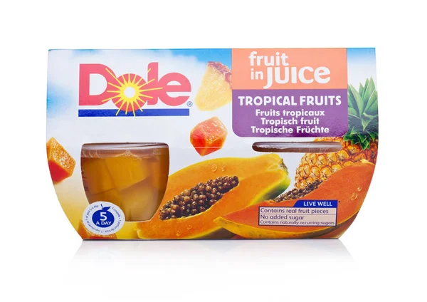 LONDON, UK - JANUARY 02, 2018: Packages of Dole fruit in juice in individual cups on white. — Stock Photo, Image