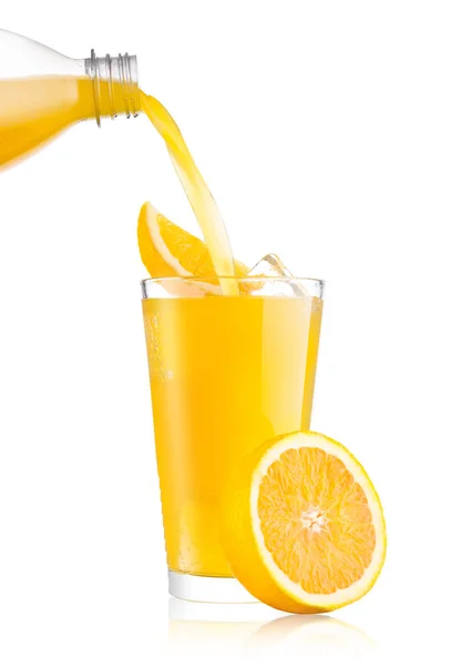 Pouring orange soda drink from bottle to glass — Stock Photo, Image
