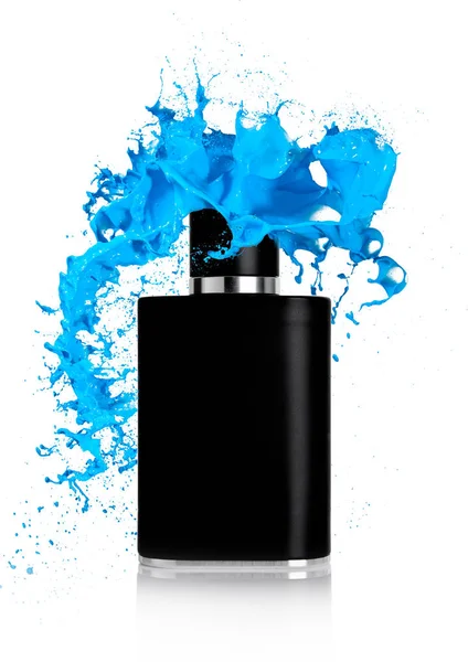 Frasco de perfume líquido negro con salpicaduras de pintura — Foto de Stock