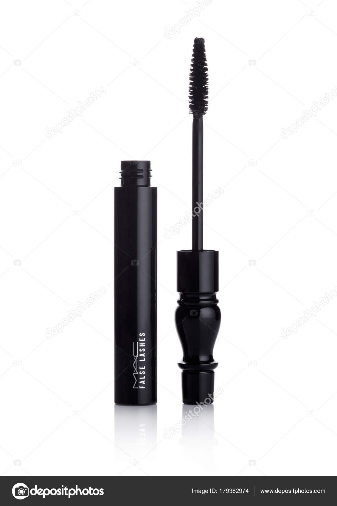 LONDON, UK JANUARY 02, 2018: MAC False Lashes mascara container with brush on white. MAC Cosmetics was founded in Toronto, Ontario, Canada in 1984. Stock Editorial Photo #179382974