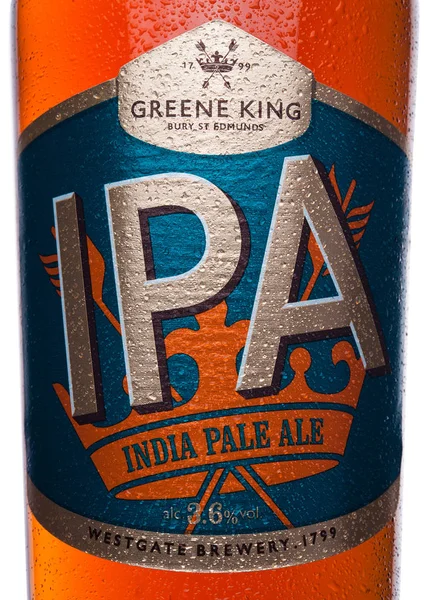 LONDRES, Reino Unido - JANEIRO 02, 2018: Rótulo da garrafa de cerveja IPA greene king india pale ale sobre branco . — Fotografia de Stock