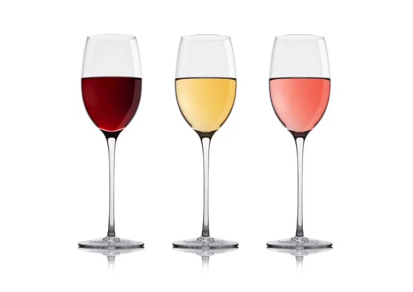 Glasses of white red and pink rose wine on white — Stock Photo, Image