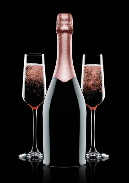 काले पर गुलाबी शैम्पेन चश्मा और बोतल गुलाब — स्टॉक फ़ोटो, इमेज