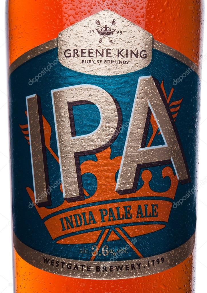 LONDON, UK - JANUARY 02, 2018: Bottle label of IPA greene king india pale ale beer on white background.