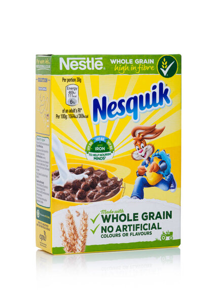 LONDON, UK - JANUARY 10, 2018: Pack of Nesquik  whole grain ceral for breakfast on white.Product of Nestle