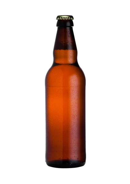 Brown glass beer bottle with black cap with dew — Stock Photo, Image