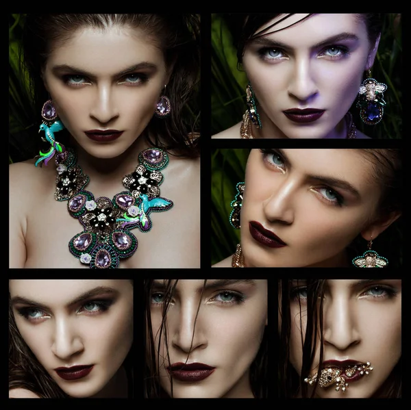 Collage Beautiful woman wearing exotic jewelry — Stock Photo, Image