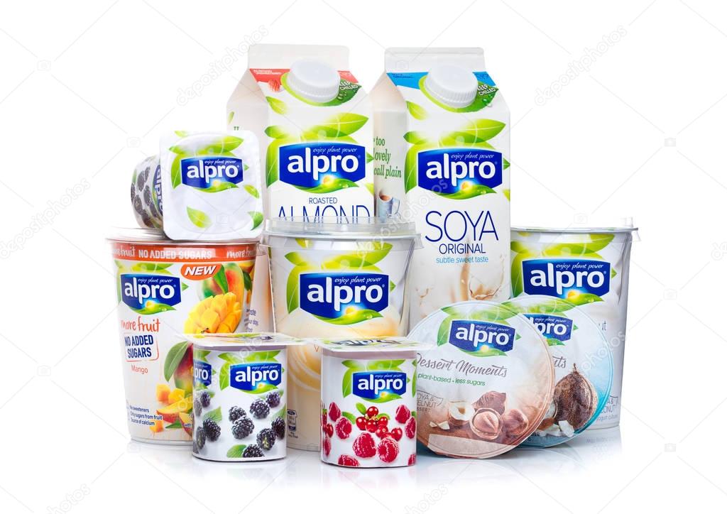 LONDON, UK - JANUARY 10, 2018: Alpro Soya milk and yogurt products on white background