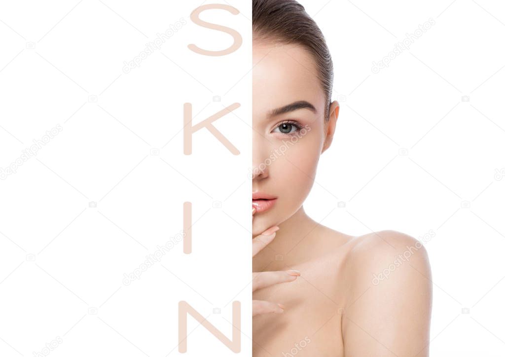 Portrait woman with skin letters on half white