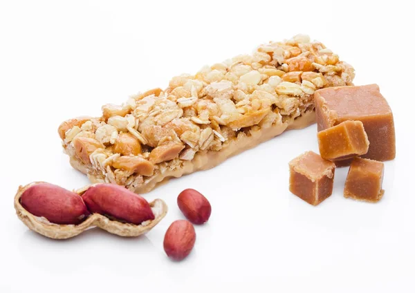 Caramel protein cereal energy bar with peanuts — Stock Photo, Image