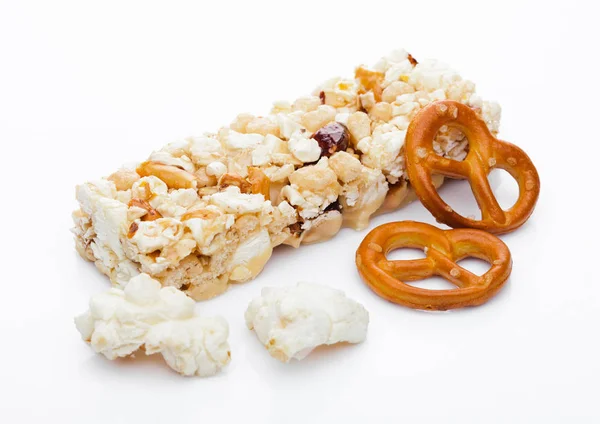 Popcorn protein cereal energy bar with pretzel — Stock Photo, Image