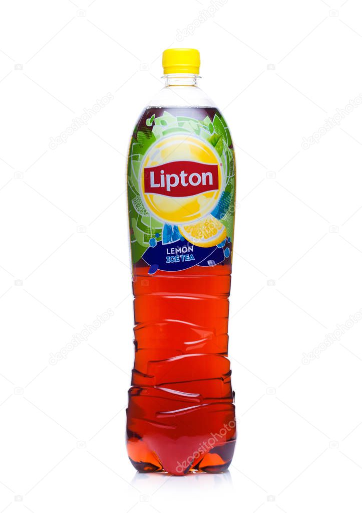 LONDON, UK - JANUARY 24, 2018: Plastic bottle of Lipton green ice tea with red berries on white background