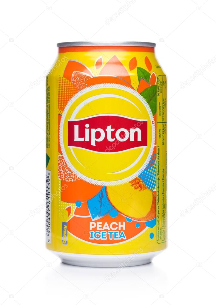 LONDON, UK - JANUARY 24, 2018: Aluminium can of Lipton ice tea with peach on white background